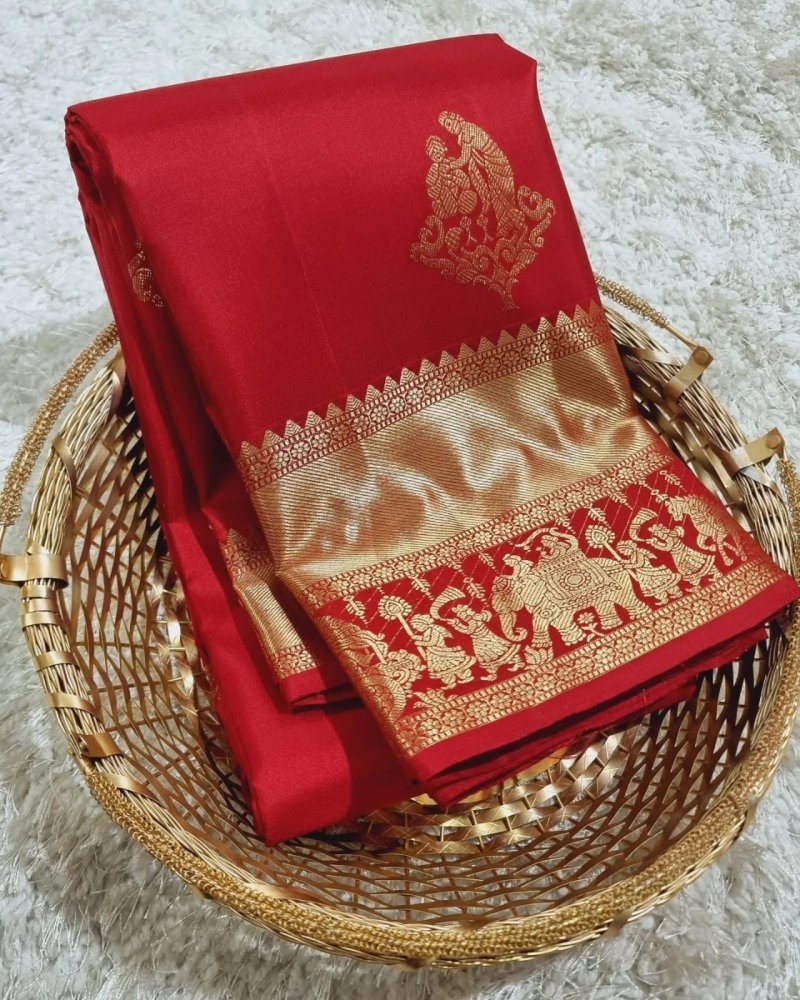 Red Palakhi By Aab Soft Lichi Silk Jacquard Border Saree 